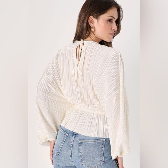 LULUS Radiant Flirt Ivory Satin Plisse Long Sleeve Top - Picture 3 of 12